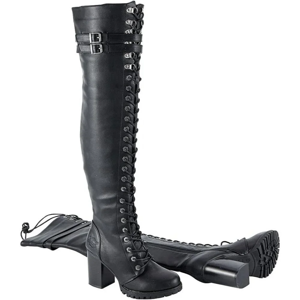 Women's Black Over The Knee Zip Buckle Soft Thigh High Lace Up Tall Boots